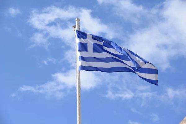 Sztandar Flaga Grecki Grecki Flaga Grecka Maszt Naród Machanie Wieje — Zdjęcie stockowe