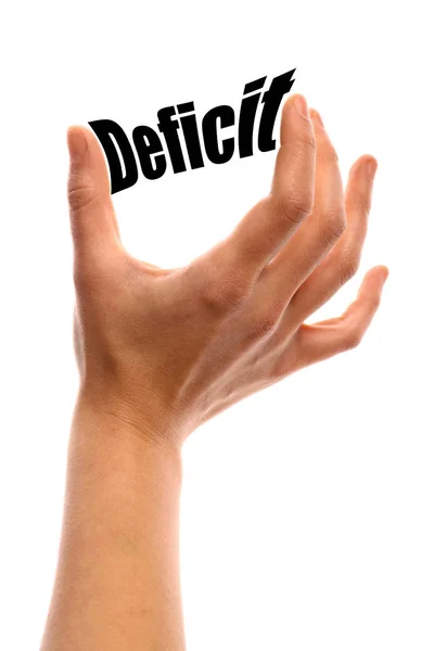 Foto Vertical Una Mano Apretando Palabra Deficit Entre Dos Dedos — Foto de Stock
