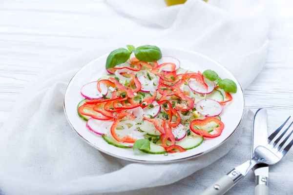 Salada Primavera Fresca Com Pepino Rabanete Pimentão — Fotografia de Stock
