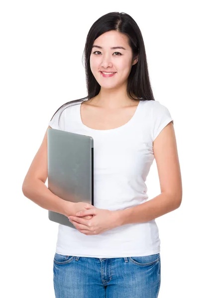 Young Woman Hold Laptop — Stock Photo, Image