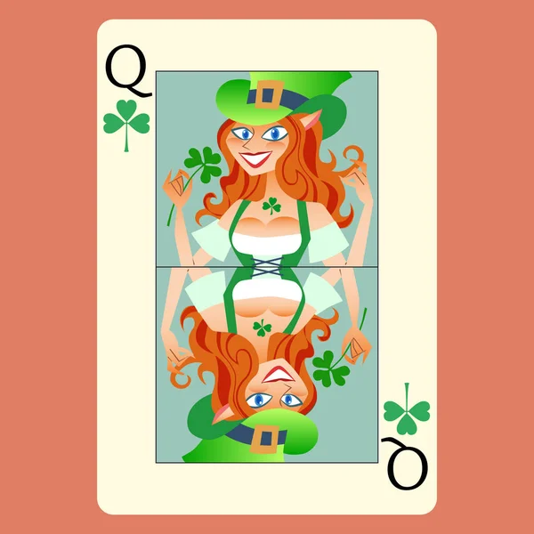 Roodharige Olifant Speelkaart Koningin Patricks Dag Leuk Groen Shamrock — Stockfoto