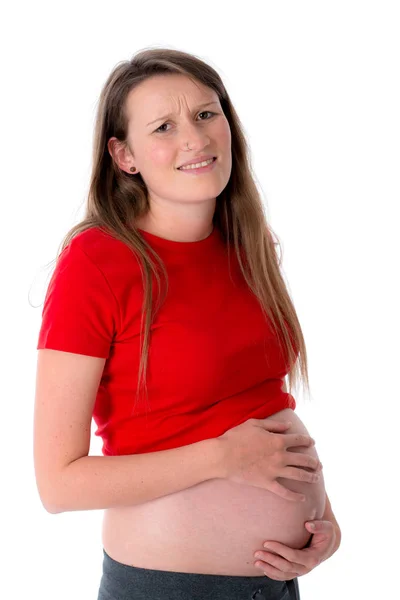 Ung Gravid Kvinna Röd Skjorta Har Förlossningssmärtor — Stockfoto