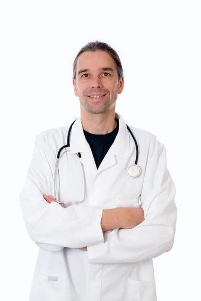 Friendly Young Doctor Crossed Arms Front White Background — Stock Photo, Image