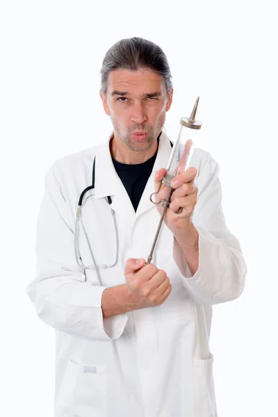 Funny Doctor Big Injection White Lab Coat — Stock Photo, Image
