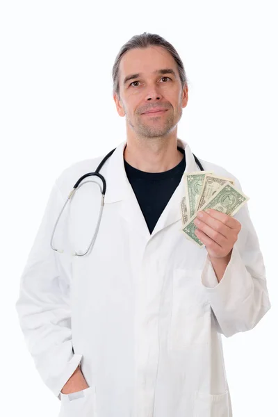 Vänlig Ung Läkare Med Pengar Vit Labbrock — Stockfoto