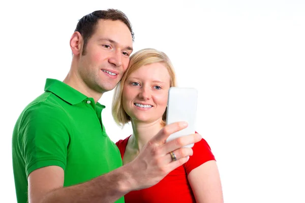 Jovem Casal Frente Fundo Branco Tomar Auto Retrato Com Telefone — Fotografia de Stock
