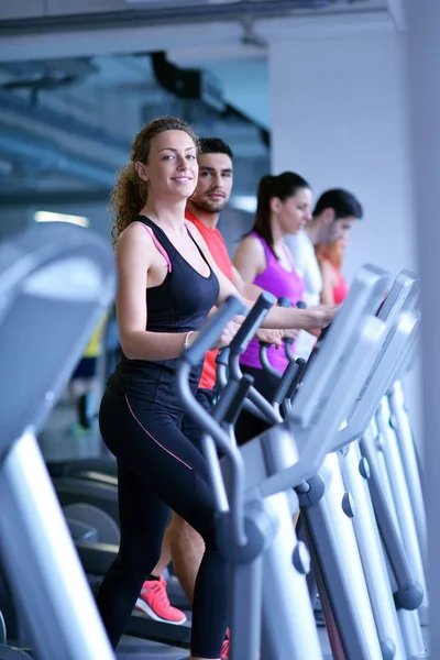 Sport Fitness Lifestyle Technology People Concept Smiling Woman Exercising Treadmill — Stock Photo, Image