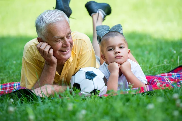 Feliz Abuelo Niño Divierten Juegan Parque Hermoso Día Soleado —  Fotos de Stock