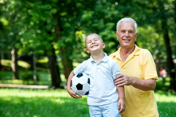 Feliz Abuelo Niño Divierten Juegan Parque Hermoso Día Soleado —  Fotos de Stock