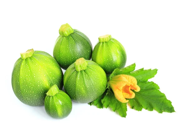 Courgettes Rondes Avec Une Feuille Une Fleur Exemptées Devant Fond — Photo