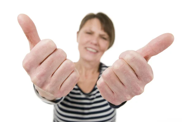 Frontal Upper Body View Mature Short Haired Woman Striped Shirt — Stock Photo, Image