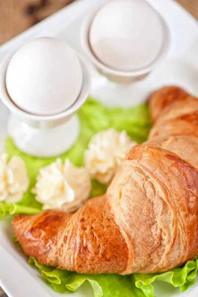 Colazione Gustosa Base Uova Croissant — Foto Stock