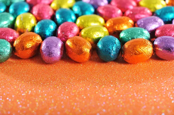 Macro Detail Many Colorful Chocolate Easter Eggs Glitter Background — Stock Photo, Image