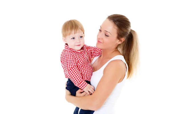 Junge Mutter Mit Süßem Kind Spielt Auf Weißem Hintergrund Glückliche — Stockfoto