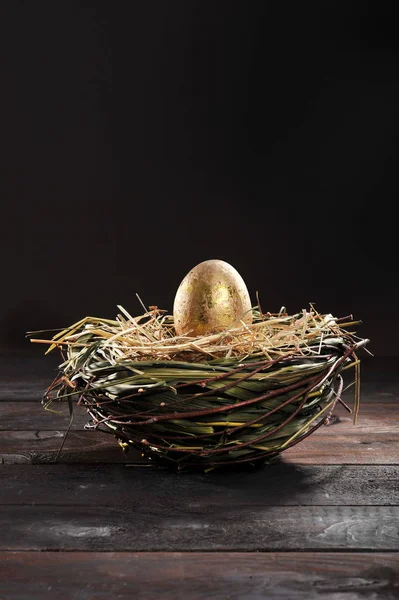 Golden Egg Nest Old Wooden Boards Dark Background — Stockfoto