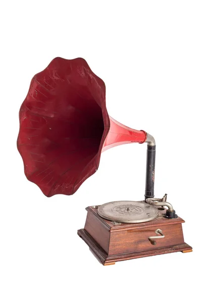 Vieux Gramophone Avec Disque Vinyle Sur Fond Blanc — Photo