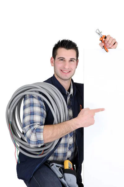 Electrician Stood Large Advertising Board — Stock Photo, Image