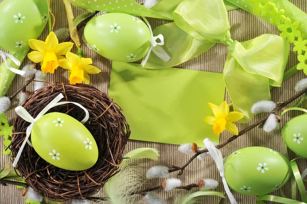 Easter Greetings Card Copy Space Green Easter Eggs Daffodils Catkins — Photo