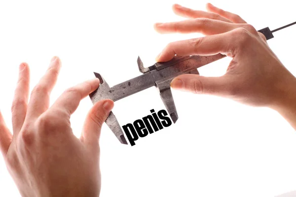 Color Horizontal Shot Two Hands Holding Caliper Measuring Word Penis — Stock Photo, Image