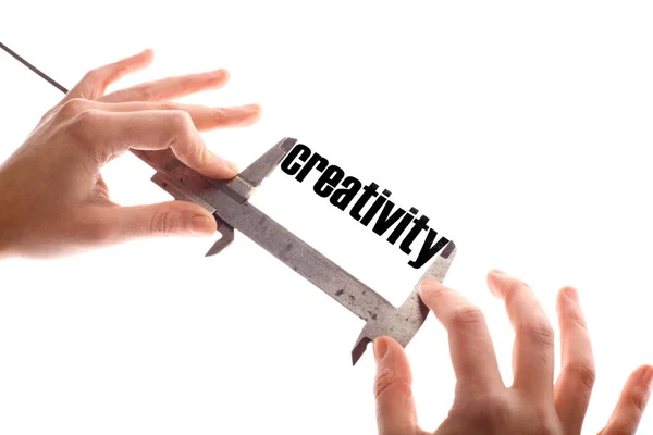 Color Horizontal Shot Two Hands Holding Caliper Measuring Word Creativity — Stock Photo, Image