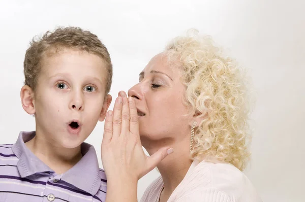 Head Shoulder View Blonde Mother Whispering Side Ear Her Year — Stock Photo, Image
