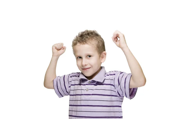 Side Frontal Upper Body View Seven Year Old Boy Striped — Stock Photo, Image