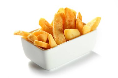 Close up Crispy Potato French Fries on White Bowl Isolated on White Background. clipart