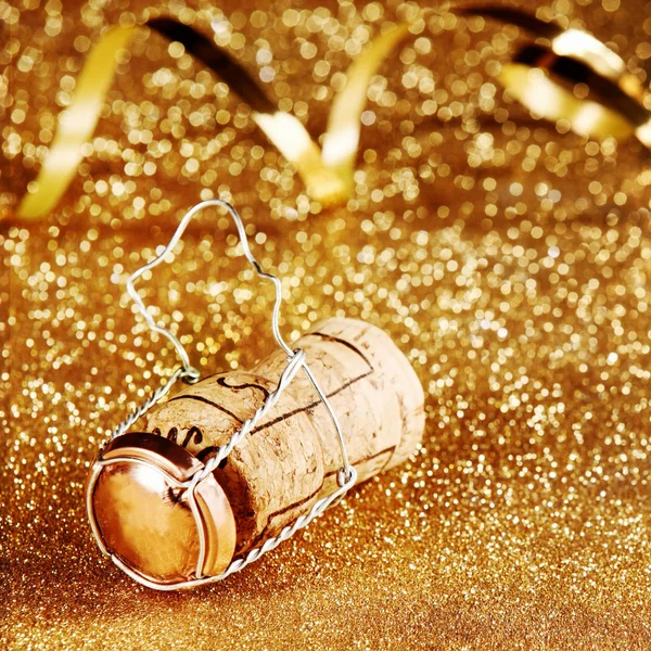 Festive Decoration Concept Close Wooden Wine Cork Cage Golden Particles — Stock Photo, Image