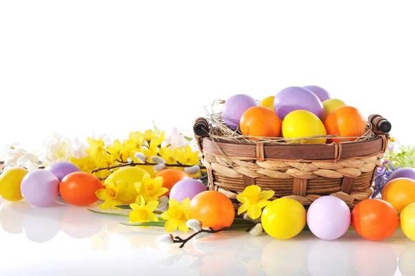 Real Painted Easter Eggs Violet Yellow Orange Flowers Easterest White — Stock Photo, Image