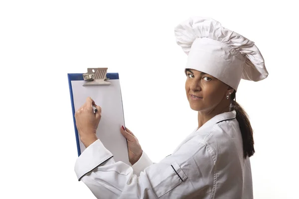 Femme Chef Avec Presse Papiers Isolé Sur Blanc — Photo