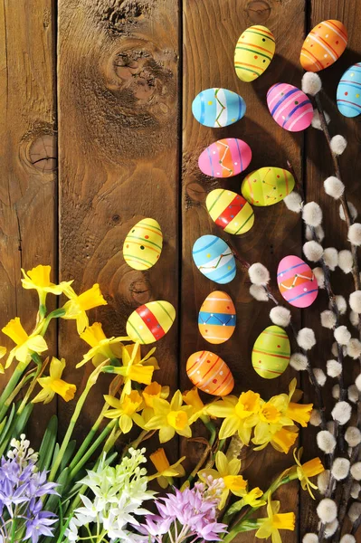 Daffodils Easter Eggs Easter Basket Palm Kitten Old Weathered Wooden — Stock Photo, Image