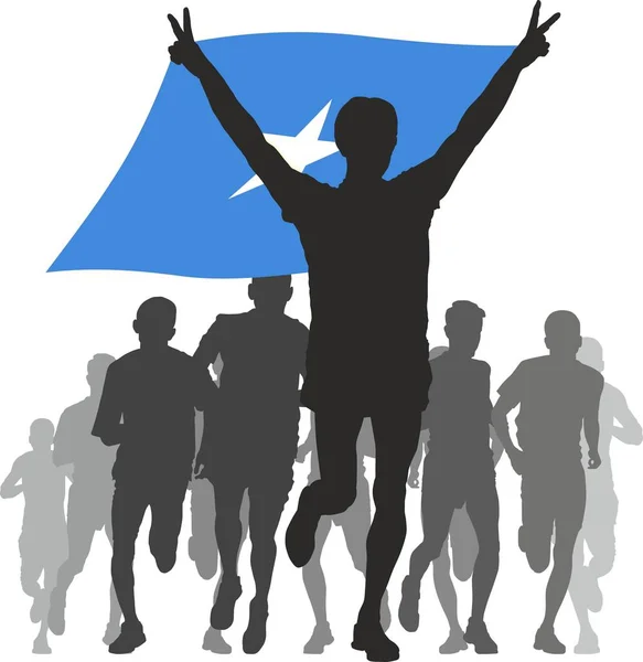 Sporcuların Siluetleri Bitiş Çizgisinde Koşucular Somali Bayrağını Üstümüzde Taşıyan Kazananlar — Stok fotoğraf