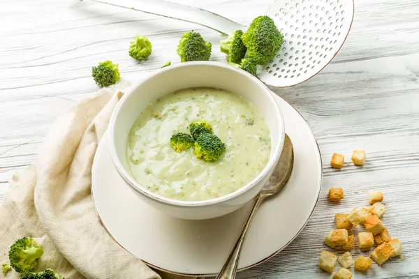 Fresh Broccoli Soup Croutons Herbs — Stock Photo, Image