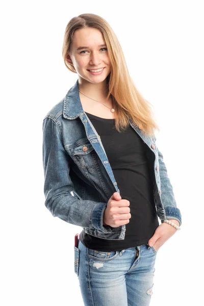 Jong Blond Meisje Jeans Glimlachen Tevreden — Stockfoto