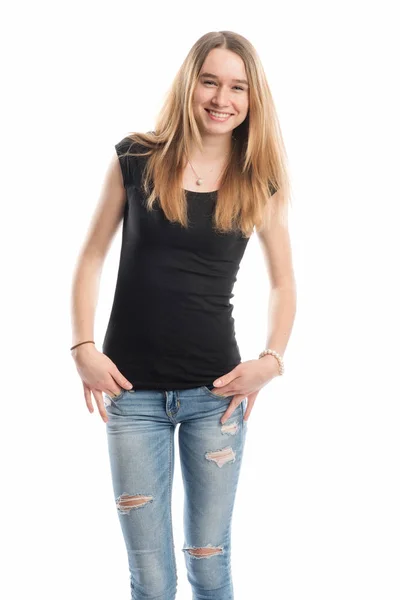 Jong Meisje Jeans Glimlacht — Stockfoto