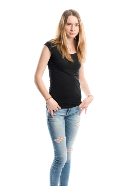 Young Girl Jeans Looking Serious — Stock Photo, Image