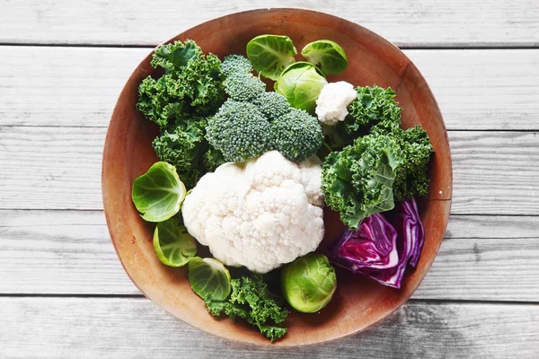 Close Healthy Fresh Salad Ingredients Broccoli Cauliflower Purple Cabbage Brussels — Stock Photo, Image