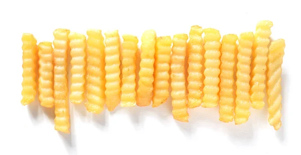 Row Golden Friend Crinkle Cut Potato Chips Viewed White Background — Stock Photo, Image