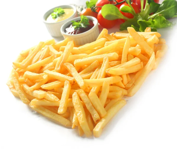 Vista Angulada Batatas Fritas Cortadas Forma Coração Com Ketchup Maionese — Fotografia de Stock