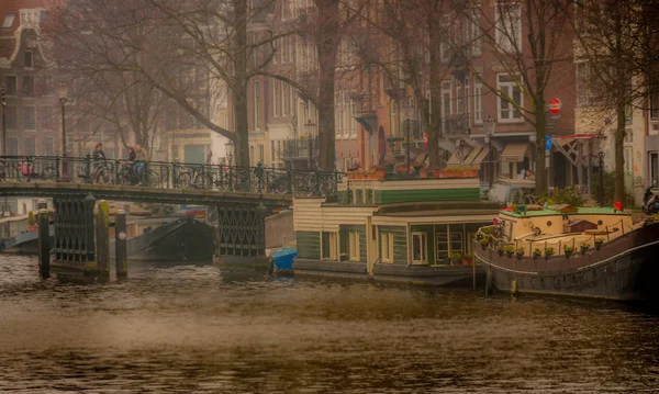 Amsterdam Avec Vue Sur Amstel Avec Péniche — Photo