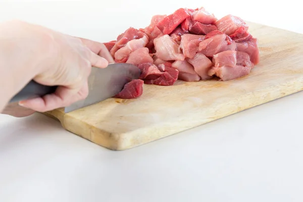 Woman Cuts Meat Goulash — Stock Photo, Image