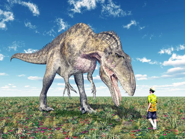 Illustration Générée Par Ordinateur Avec Touriste Négligent Les Dinosaures Acrocanthosaurus — Photo