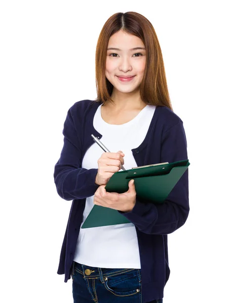 Young Pretty Woman Write Clipboard — Stock Photo, Image