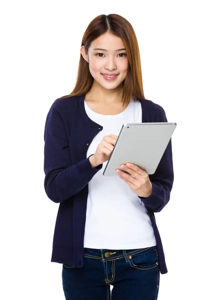 Woman Holding Tablet Computer Isolated White Background — Stock Photo, Image