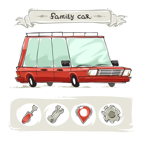 Cartoon Family Old Car Set Aislado Sobre Fondo Blanco Rutas — Foto de Stock