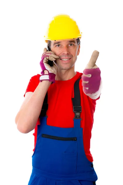 Trabajador Con Pulgar Arriba Camisa Roja Está Llamando —  Fotos de Stock