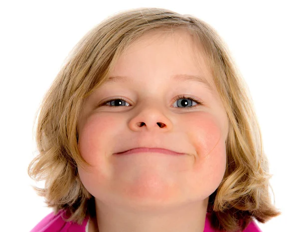 Pequena Menina Sorridente Frente Fundo Branco — Fotografia de Stock