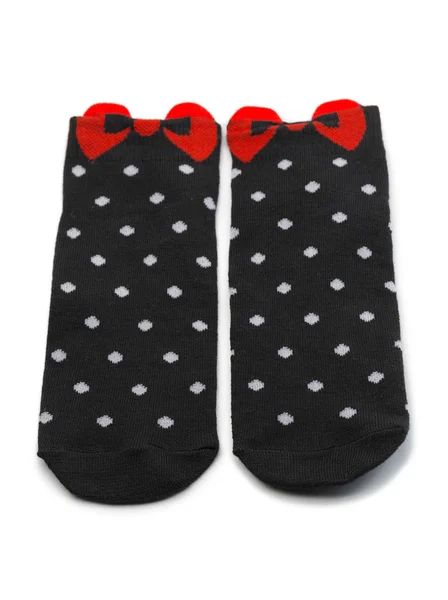 Pair Black Socks White Polka Dots Red Bow Isolate — Stock Photo, Image