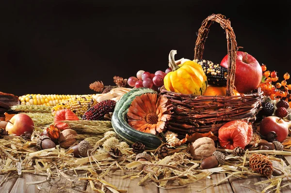 Pumpkin Apple Nuts Berries Corn Grain Basket Old Weathered Wooden — Stock Photo, Image