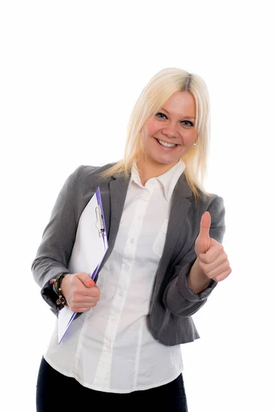Smiling Blond Young Business Woman Clipboard — Stock Photo, Image